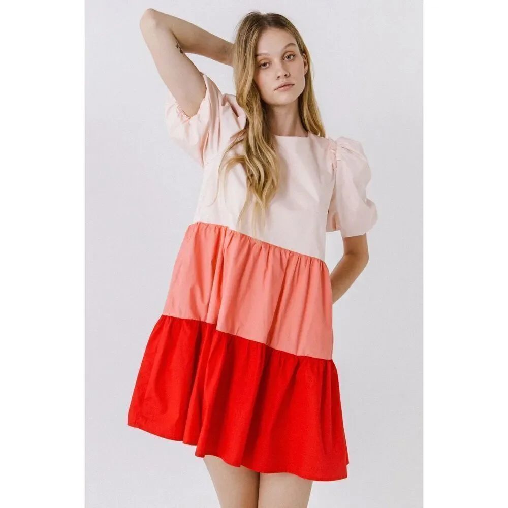 NWT English Factory Colorblock Babydoll Dress In Pink / Red Combo Size XS